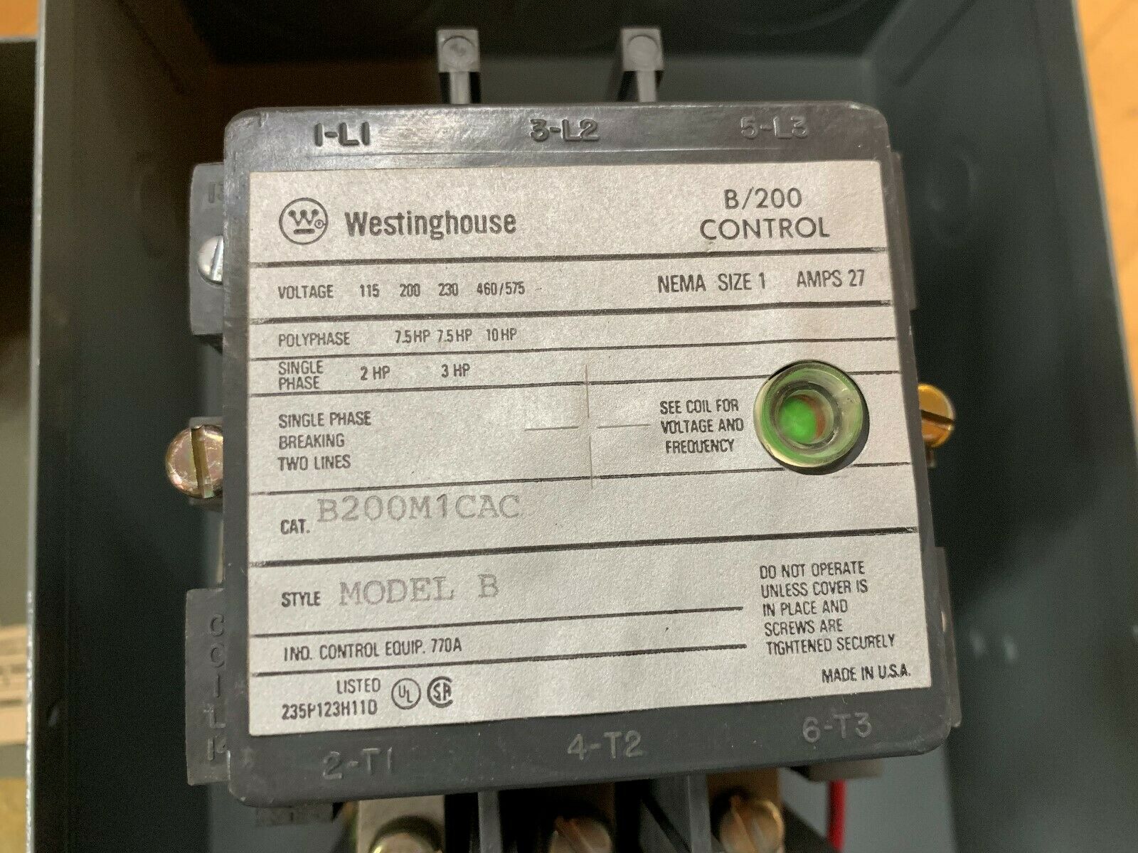 USED WESTINGHOUSE B200S1CAC SIZE 1 STARTER IN ENCLOSURE B200M1CAC