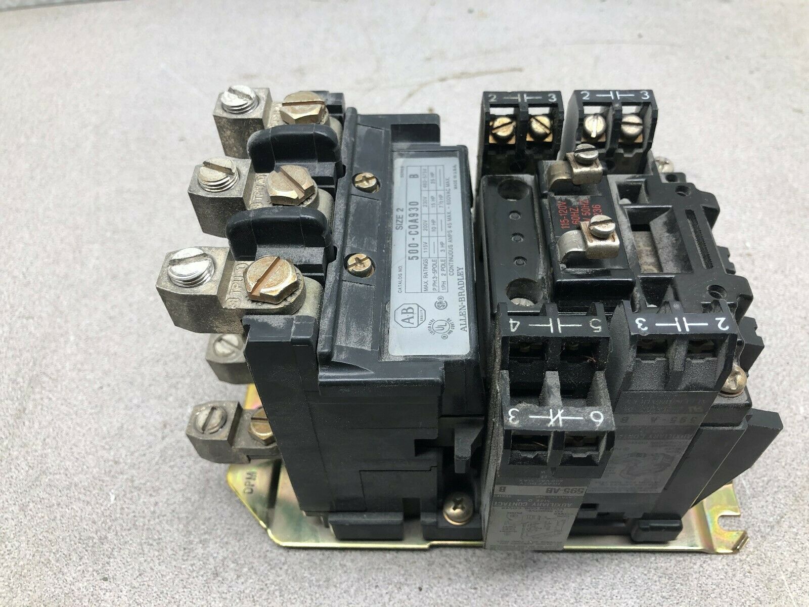 USED ALLEN BRADLEY SIZE 2 45 AMPS 3 PH 120 VAC COIL CONTACTOR 500-C0A930