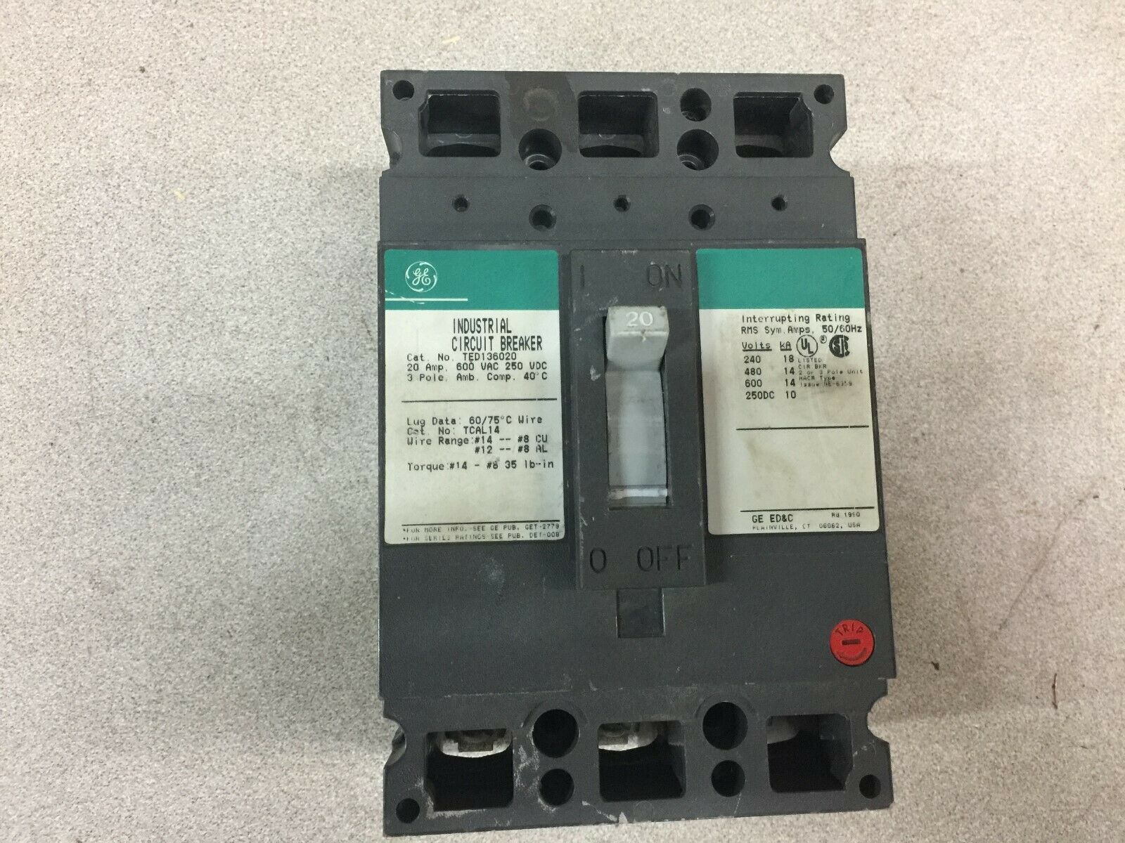 USED GE 20AMP 3POLE 600VAC 250VDC BREAKER TED36020WL