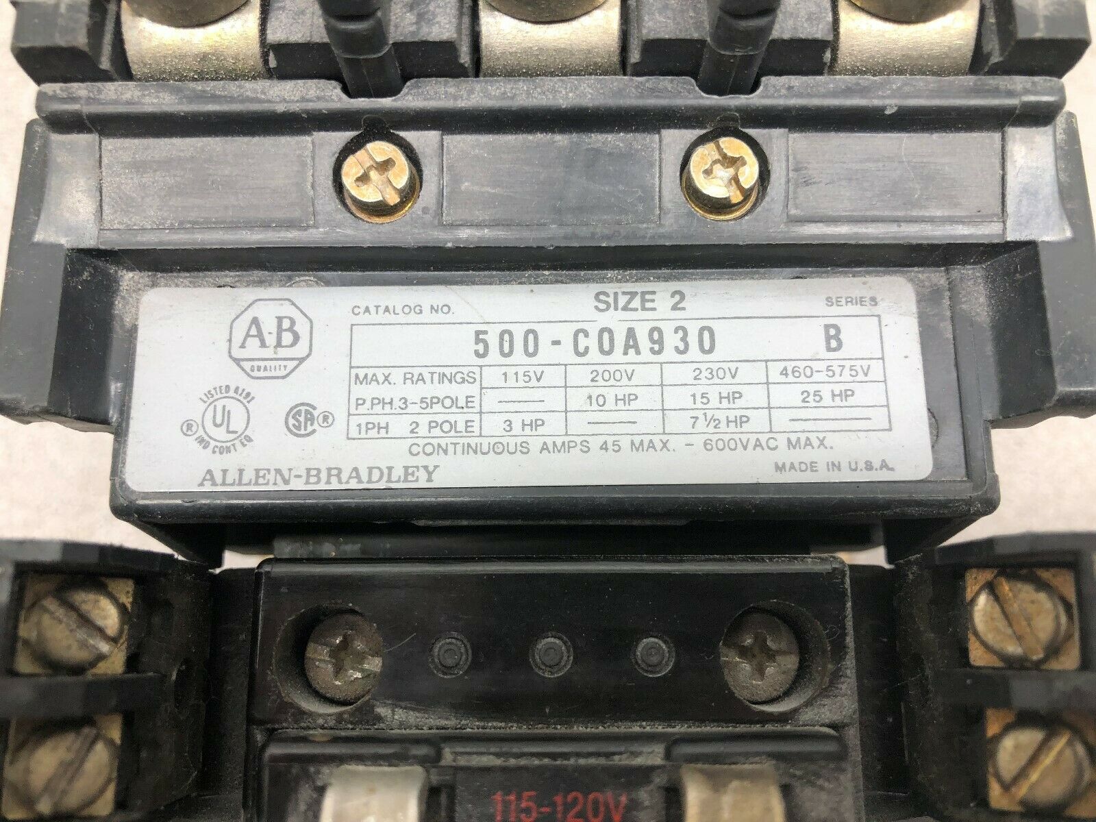 USED ALLEN BRADLEY SIZE 2 45 AMPS 3 PH 120 VAC COIL CONTACTOR 500-C0A930