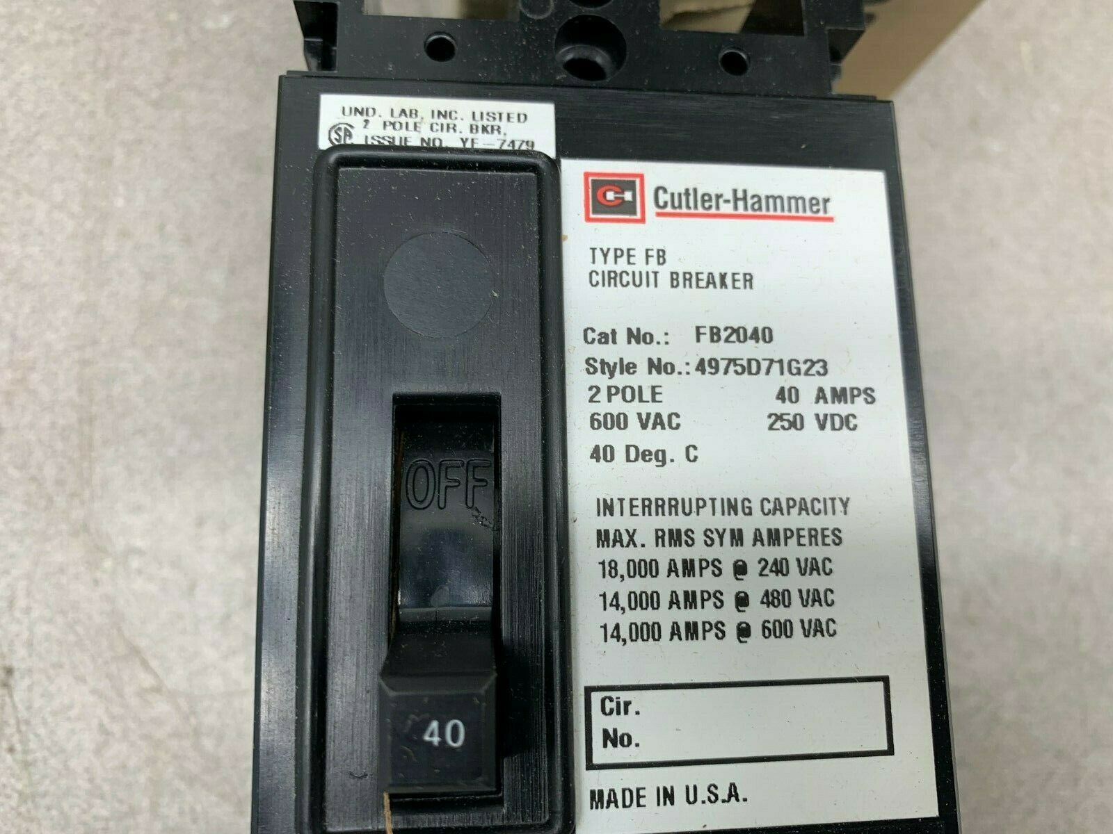 NEW IN BOX CUTLER-HAMMER 4975D71G23 TYPE FB 2 POLE 40AMP CIRCUIT BREAKER FB2040