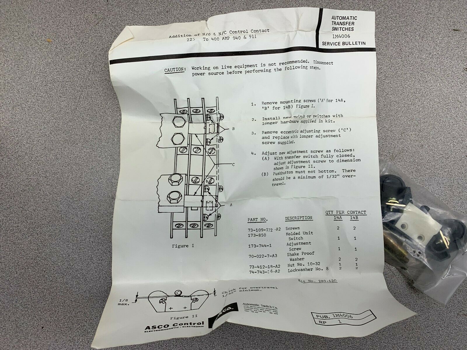 NEW NO BOX ASCO PART KIT 289-620