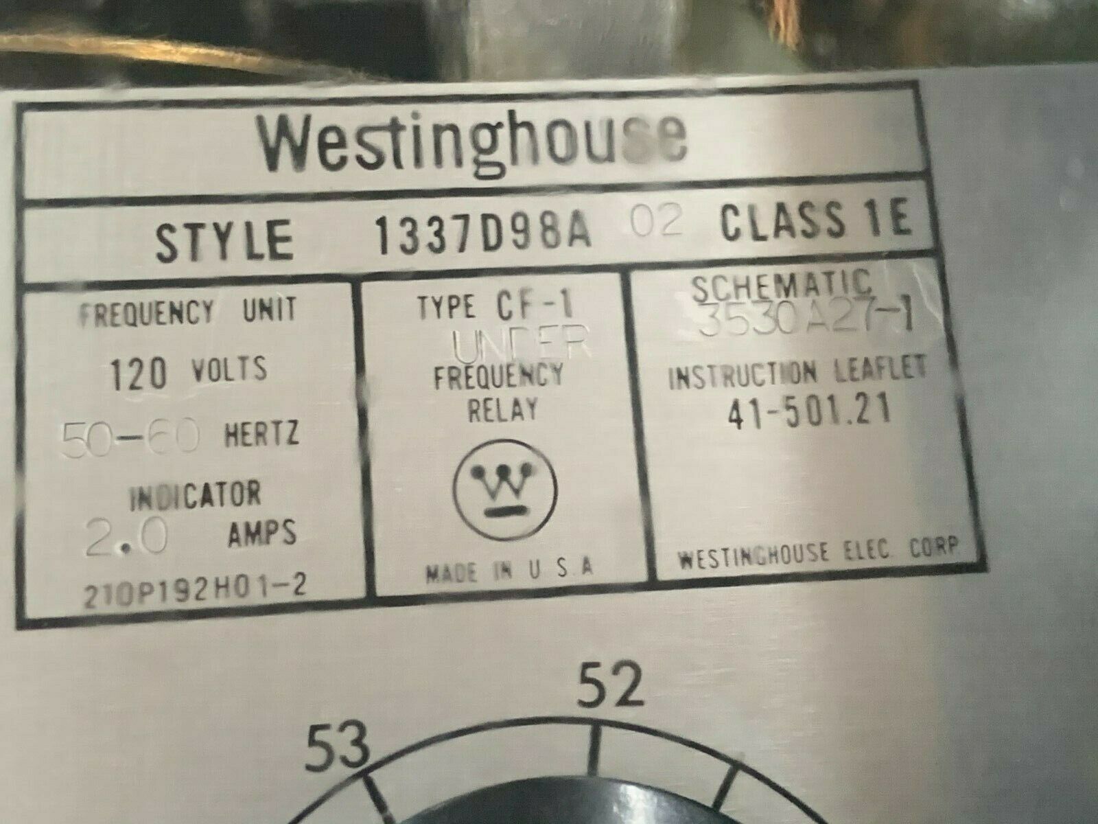 USED WESTINGHOUSE CF-1 UNDER FREQUENCY RELAY 1337D98A 02 CLASS 1E