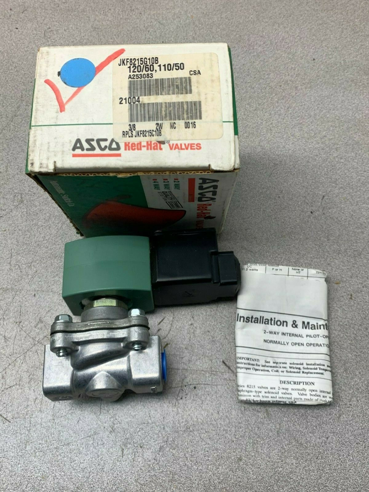 NEW IN BOX ASCO RED HAT SOLENOID VALVE 3/8" PIPE 110/120V. COIL JKF8215G10B