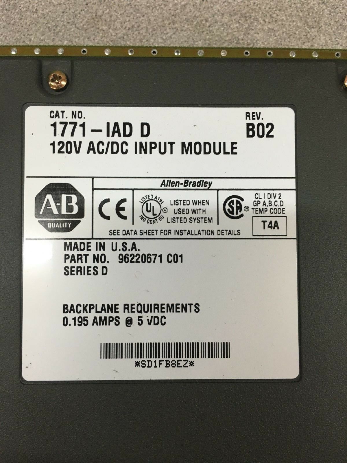 USED ALLEN BRADLEY PLC-5 INPUT MODULE 1771-IAD SERIES D