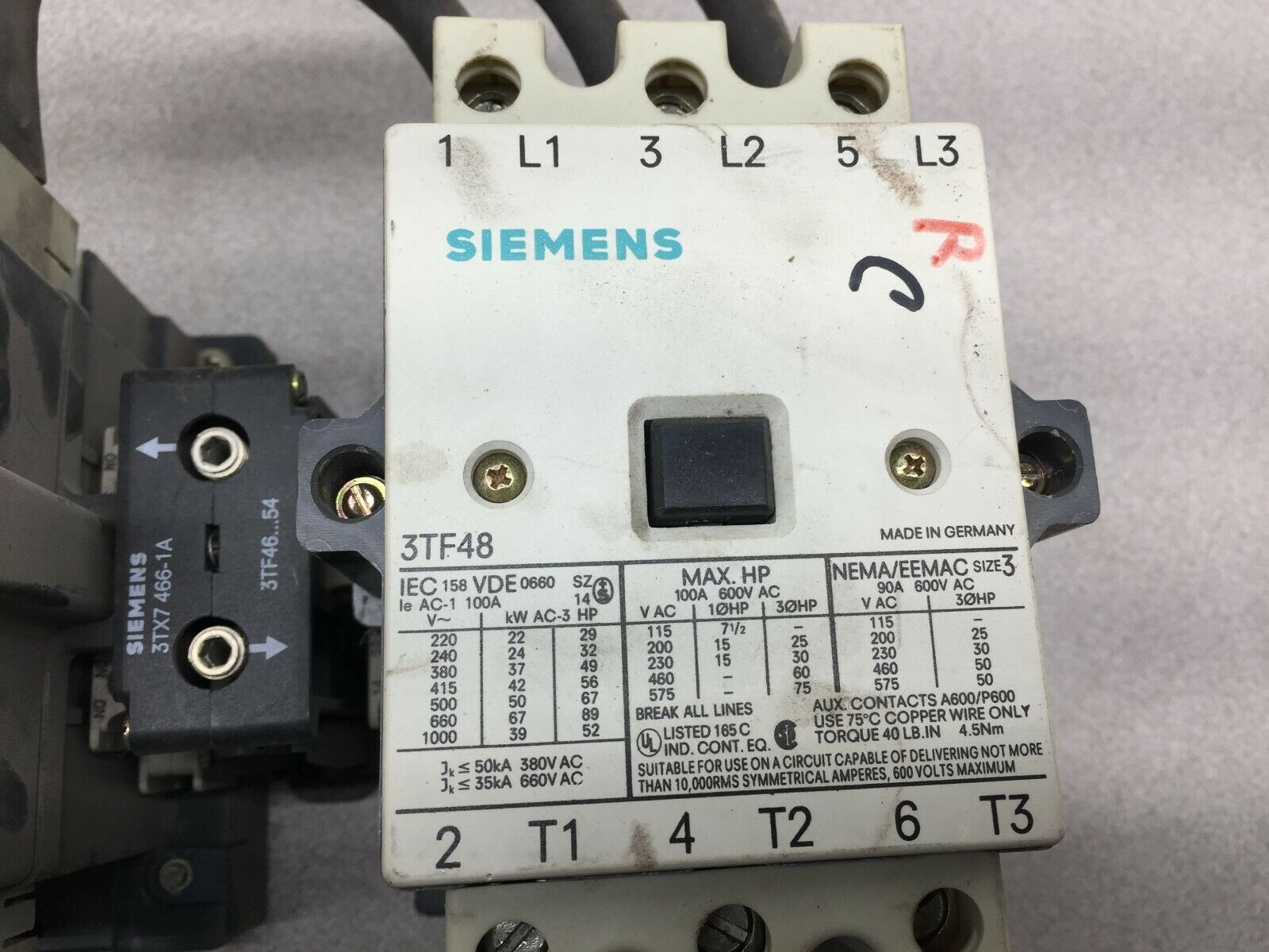 USED SIEMENS SIZE 3 3POLE 90AMP 600VAC 120VAC COIL REVERSING CONT. 3TF4822-OAK6