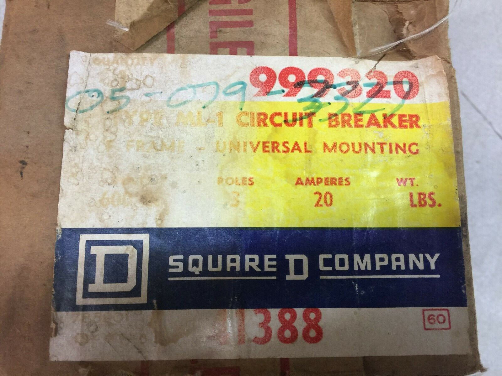 NEW IN BOX SQUARE D 20AMP 3POLE 600VAC BREAKER 99320