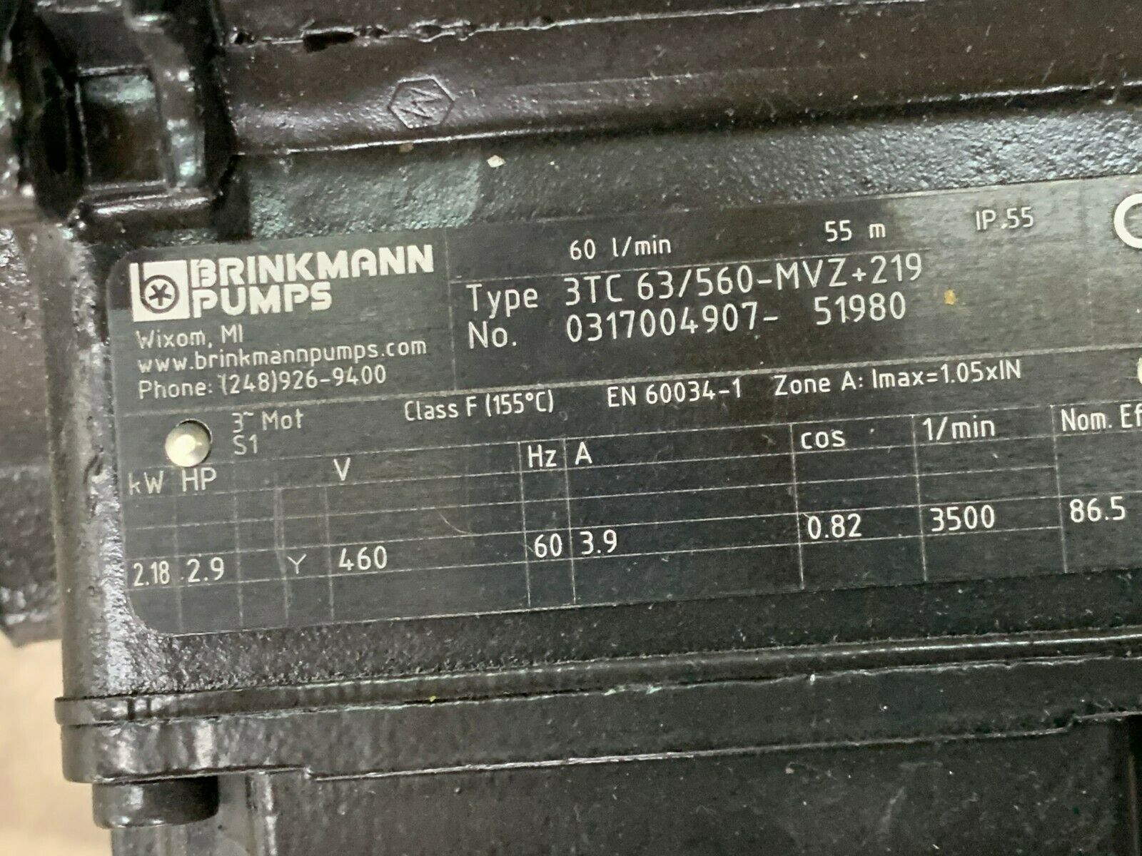 NEW NO BOX BRINKMANN 0317004907-51980 PUMP MOTOR 3TC63/560-MVZ+219