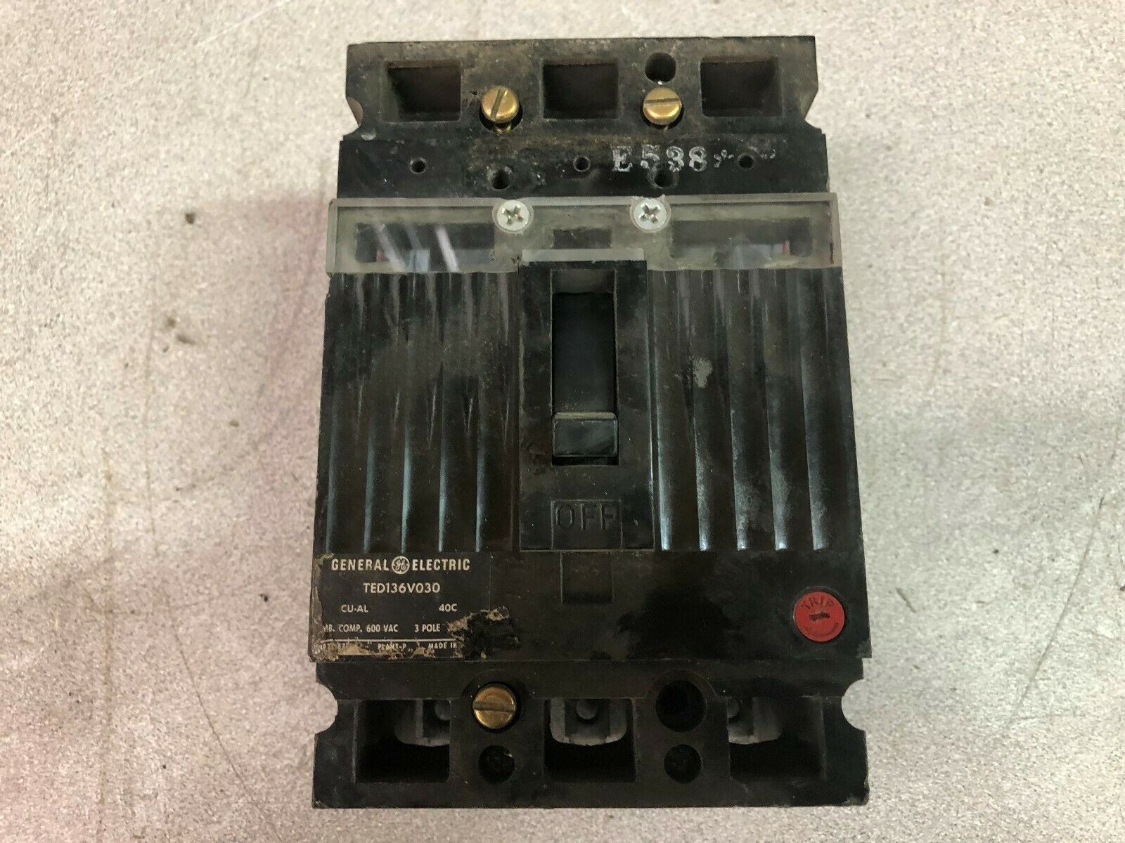 USED GE 30 AMP 3 POLE 600 VAC BREAKER TED136V030