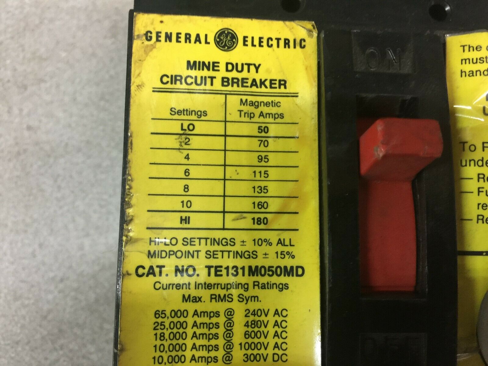 USED GE 50AMP 3POLE 600VAC MINE DUTY BREAKER TE131M050MD