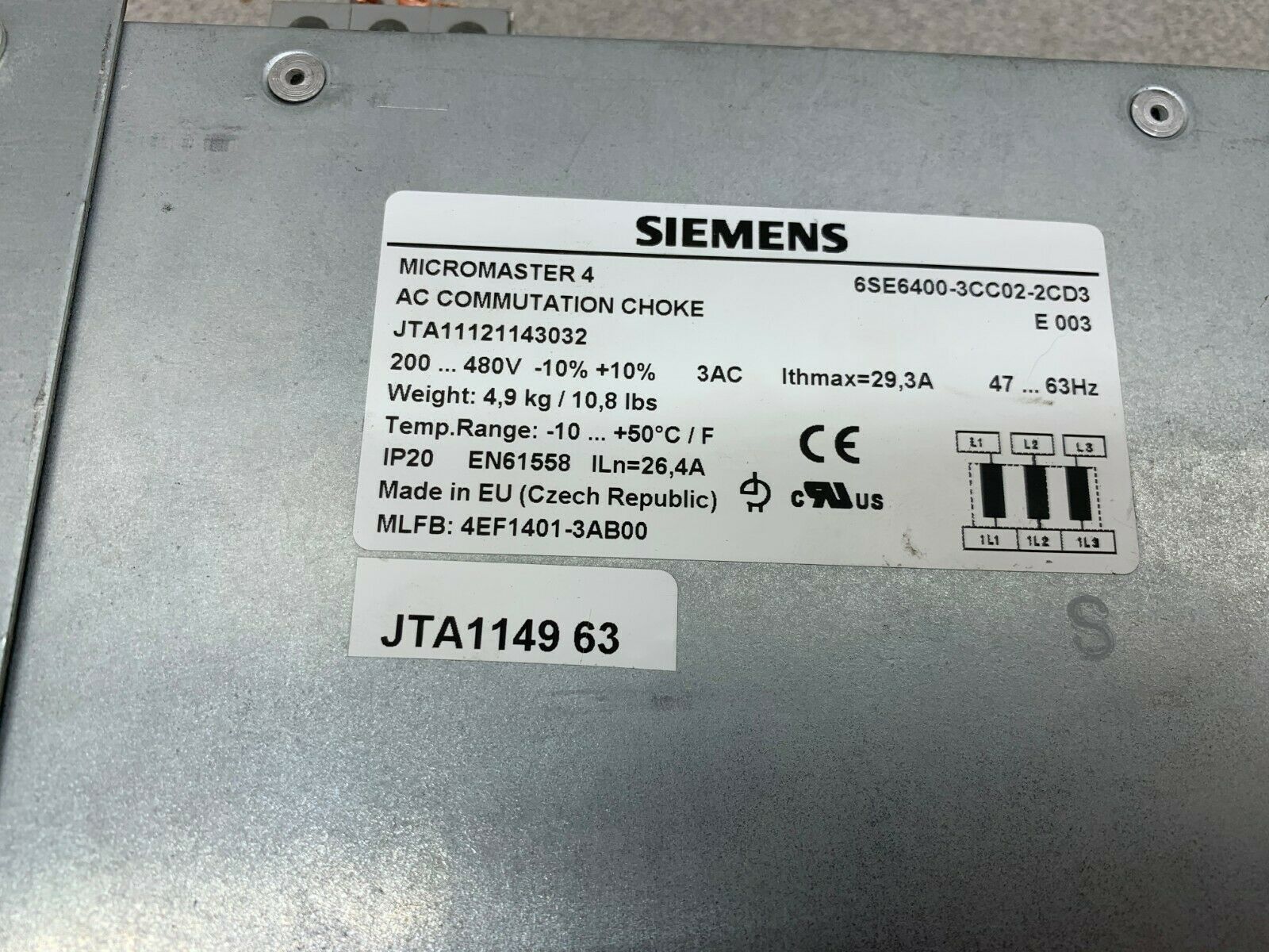 USED Siemens Micromaster 4 AC Commutation Choke 6SE6400-3CC02-2CD3