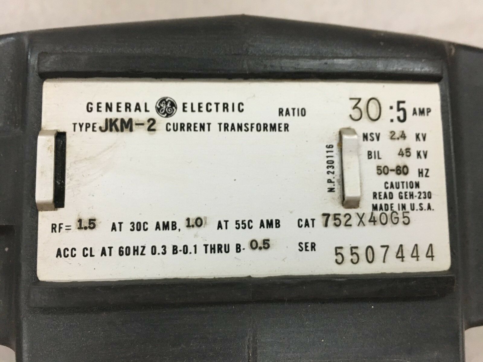 NEW NO BOX GENERAL ELECTRIC TYPE JKM-2 CURRENT TRANSFORMER 30:5 AMP 752X40G5