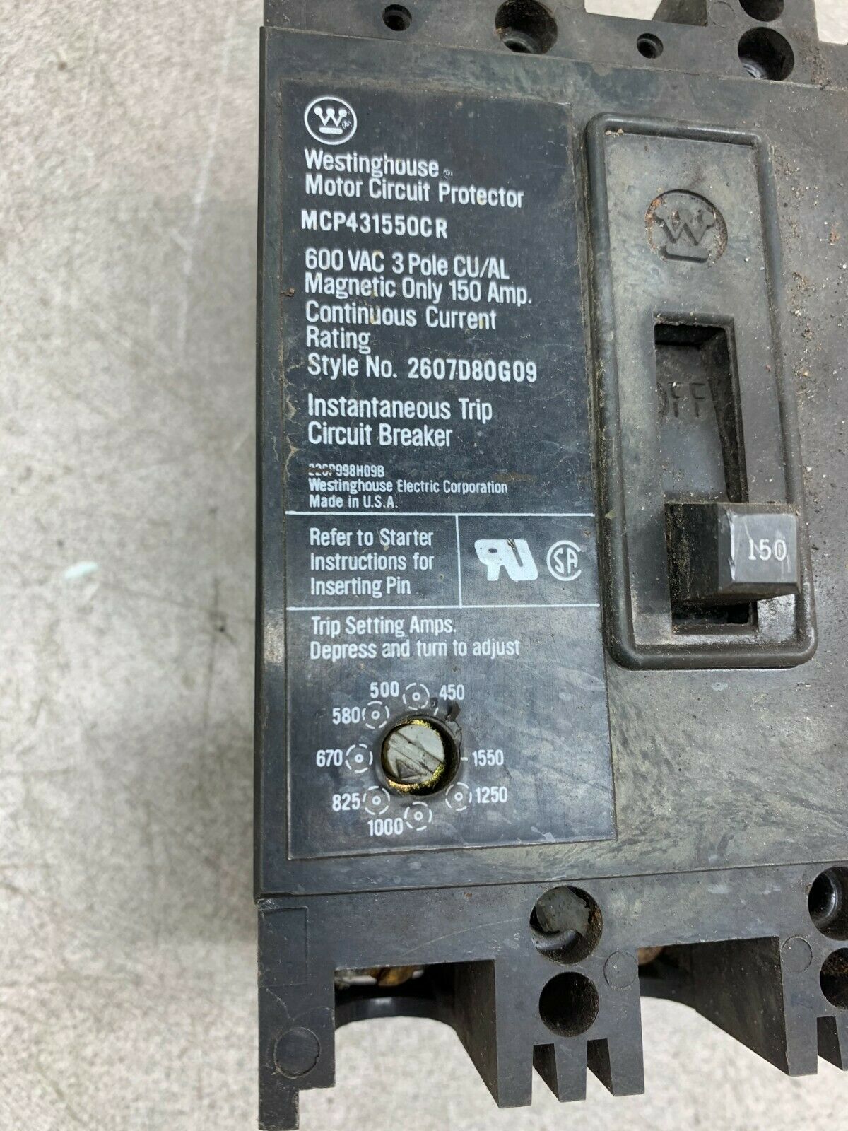 USED WESTINGHOUSE 150 AMP 3 POLE CIRCUIT PROTECTOR MCP431550CR