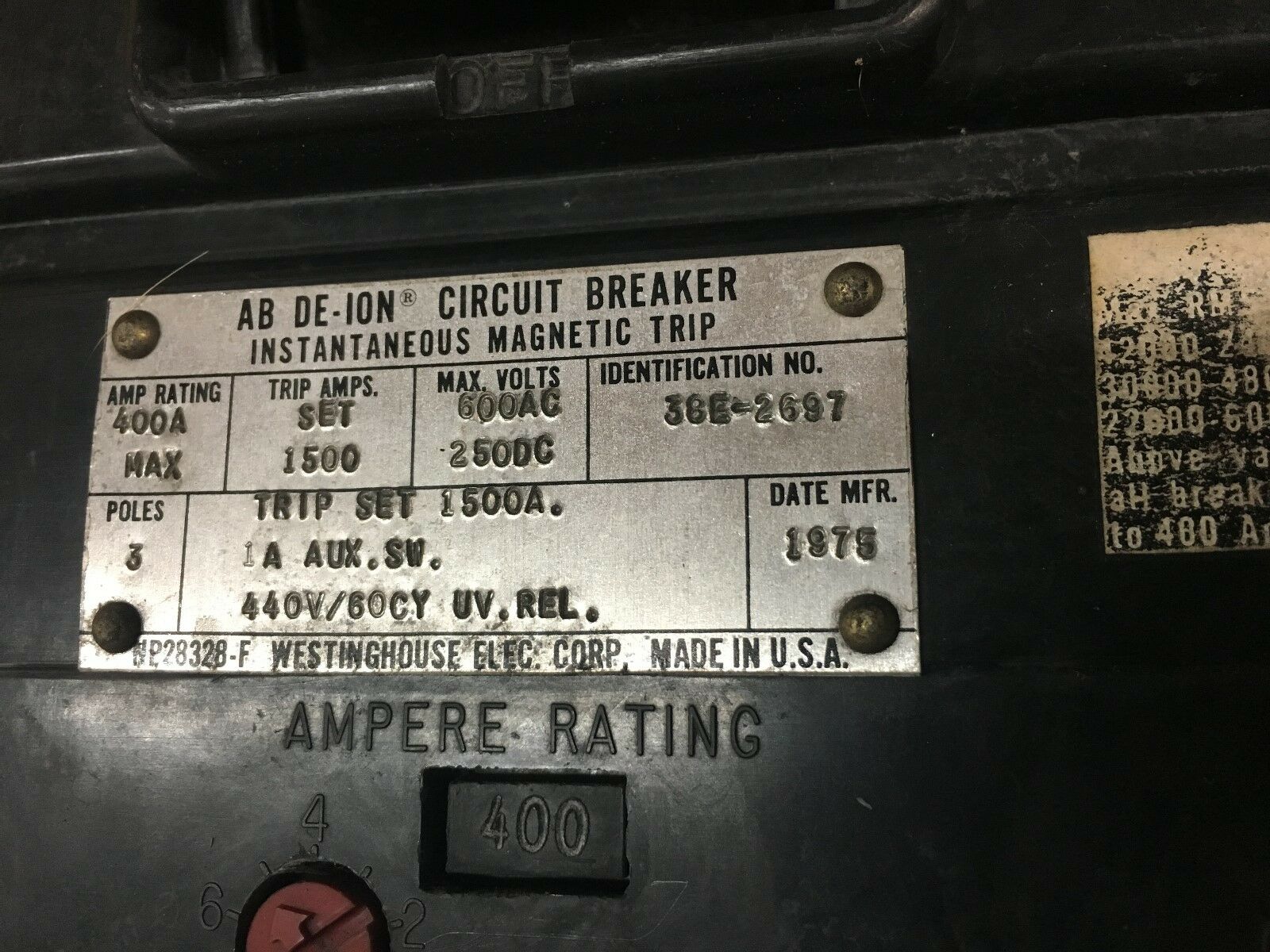 USED WESTINGHOUSE CIRCUIT BREAKER WITH 400AMP AB DE-ION TRIP UNIT 38E-2697