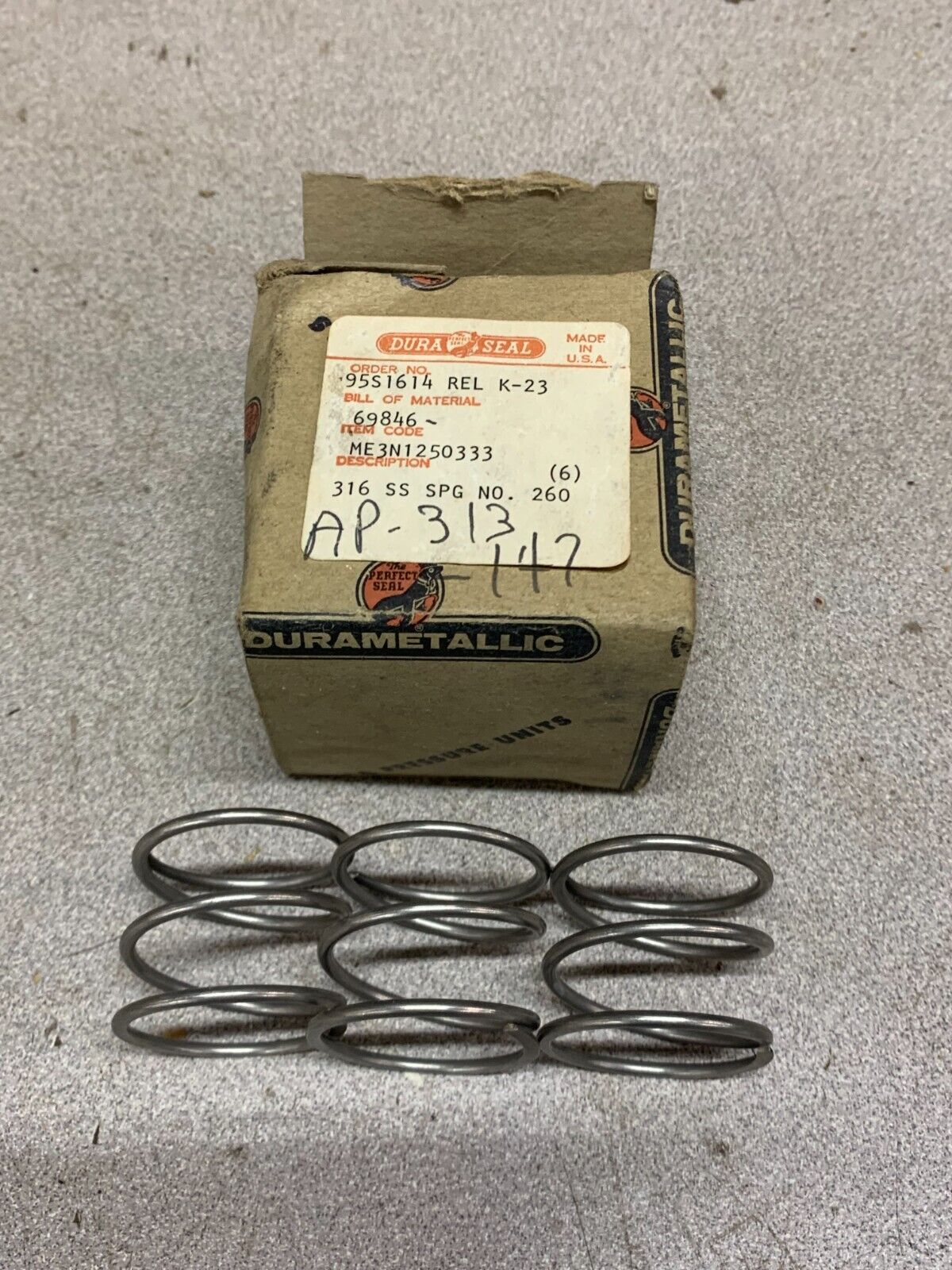 NEW BOX OF 3 DURA SEAL 95S1614 REL K-23 SPRINGS ME3N1250333 316 SS SPG 260