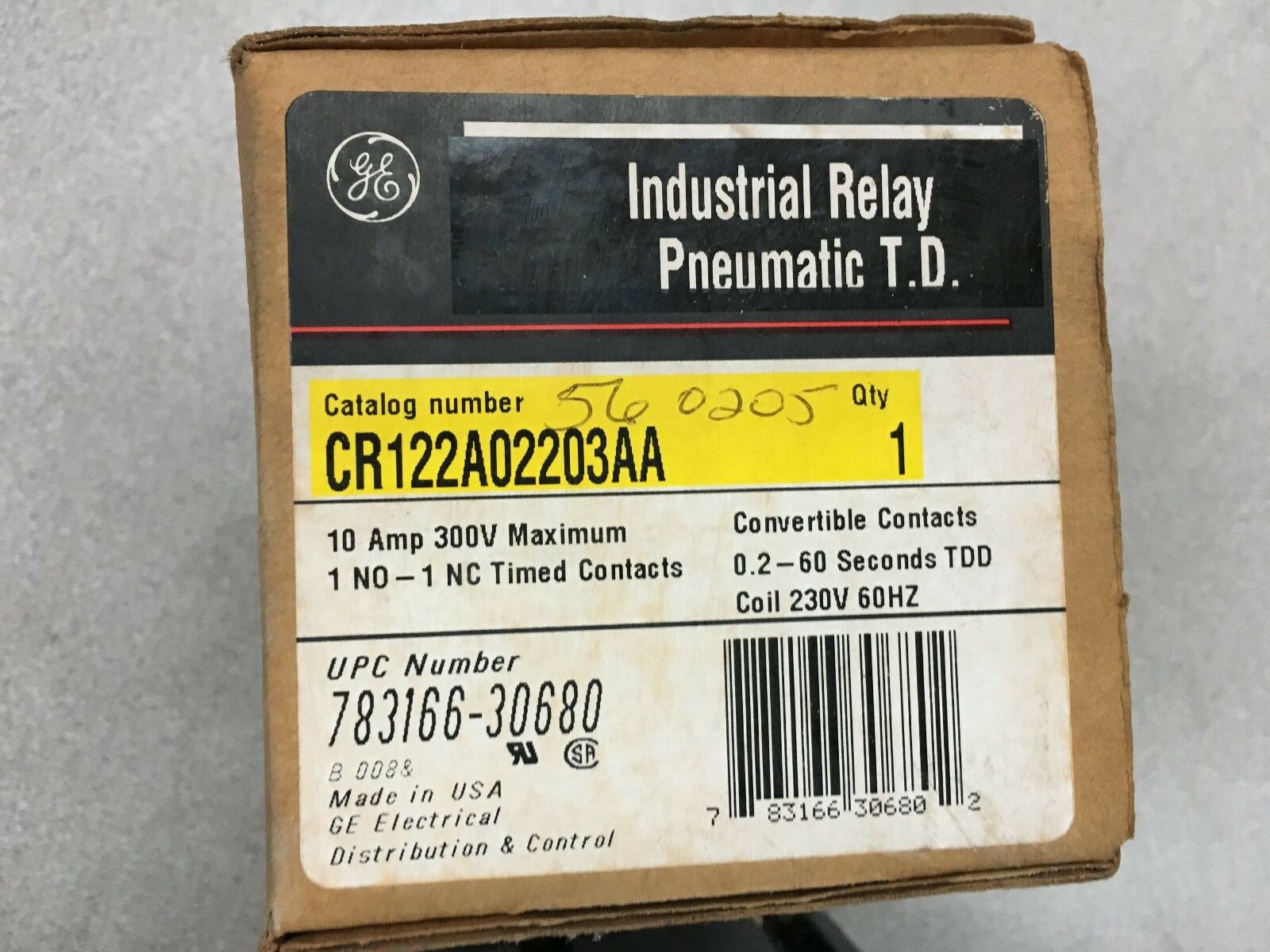 NEW IN BOX GENERAL ELECTRIC PNEUMATIC T.D. INDUSTRIAL RELAY CR122A02203AA