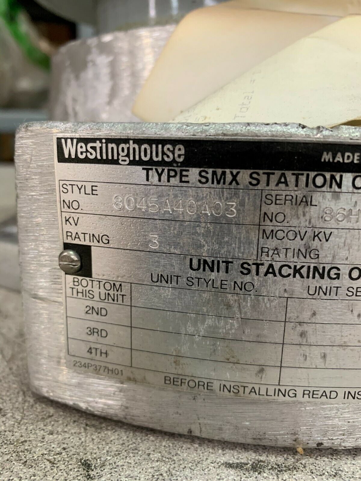 NEW NO BOX WESTINGHOUSE TYPE SMX STATION CLASS SURGE ARRESTER 8045A40A03