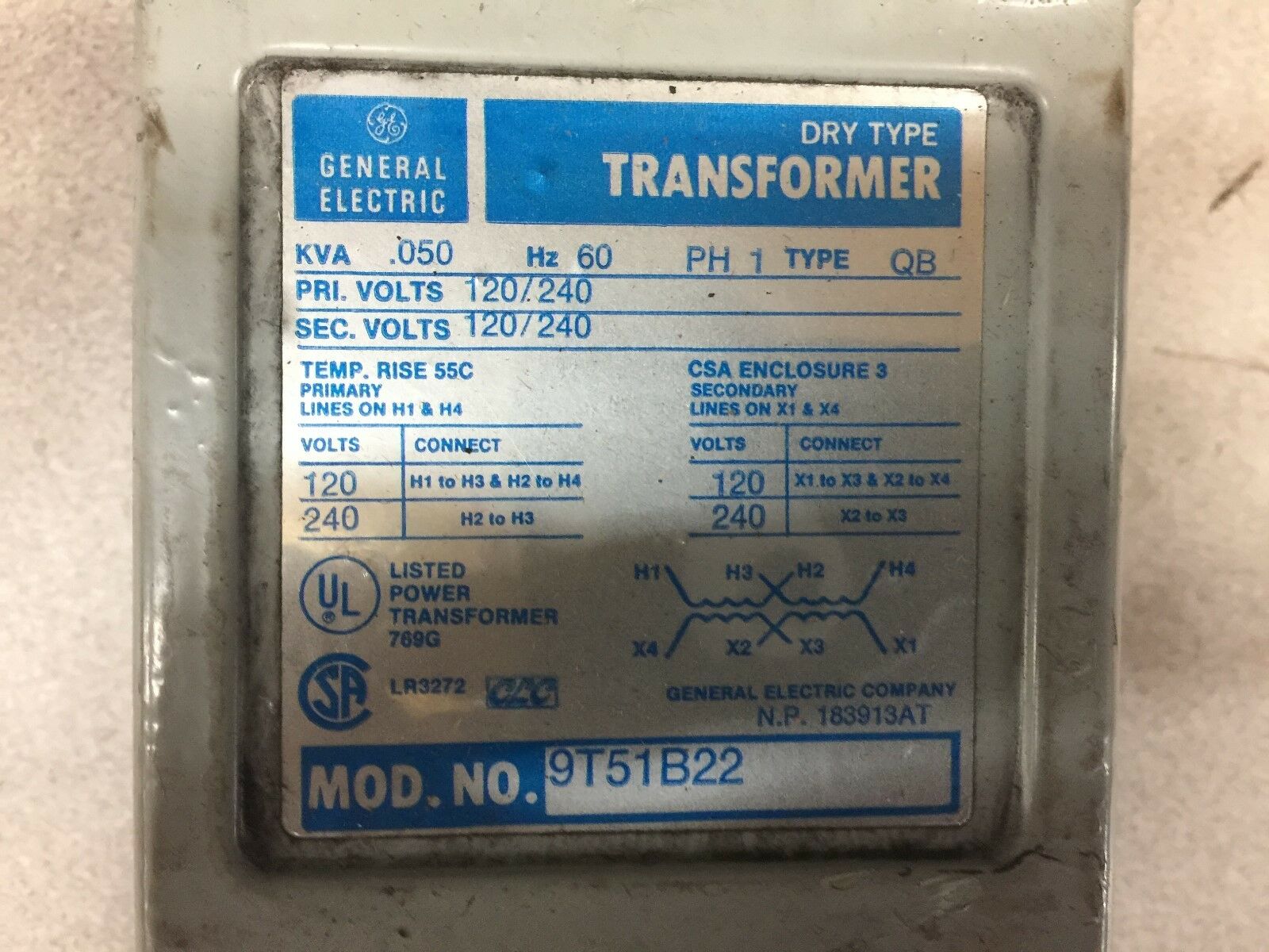 NEW IN BOX GE DRY TYPE TRANSFORMER .050KVA 1PH 9T51B22