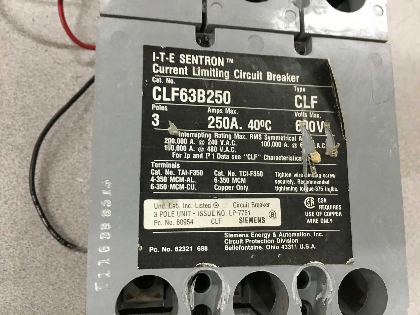 USED SIEMENS 3 POLE 250AMP CURRENT LIMITING CIRCUIT BREAKER CLF63B250