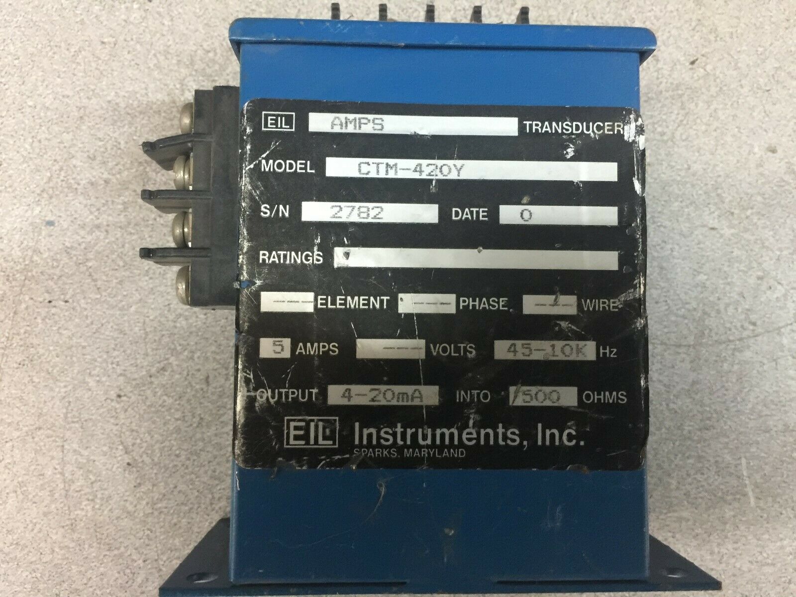 USED EIL AMPS TRANSDUCER 5AMP 45-10KHZ 4-20MA 500OHMS TRANSDUCER CTM-420Y