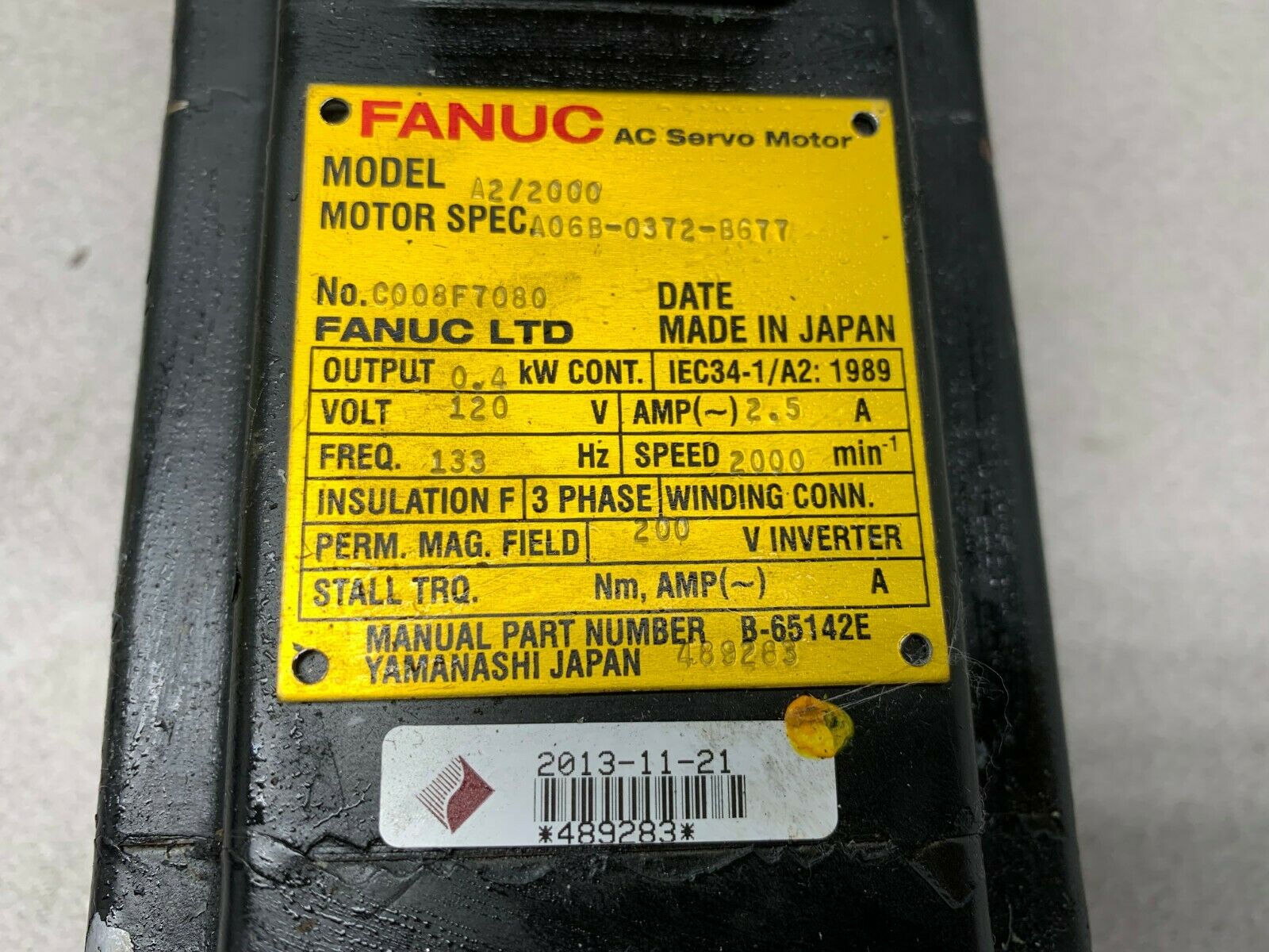 USED FANUC AC SERVO MOTOR A06B-0372-B677 PULSE CODER A860-0365-T007