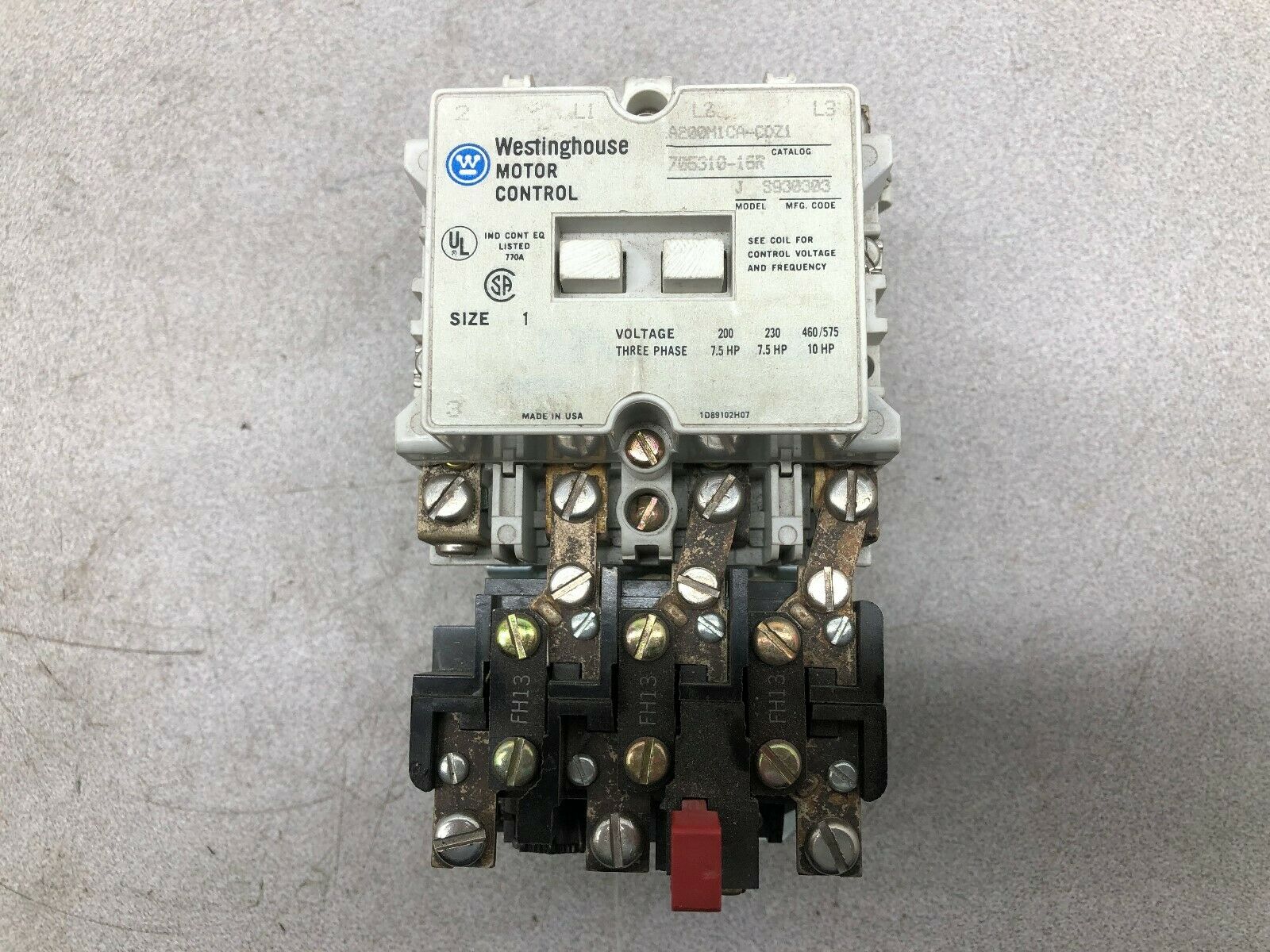 USED WESTINGHOUSE SIZE 1 3 POLE 600 VAC 120 VAC 10 HP STARTER A200M1CA-CDZ1