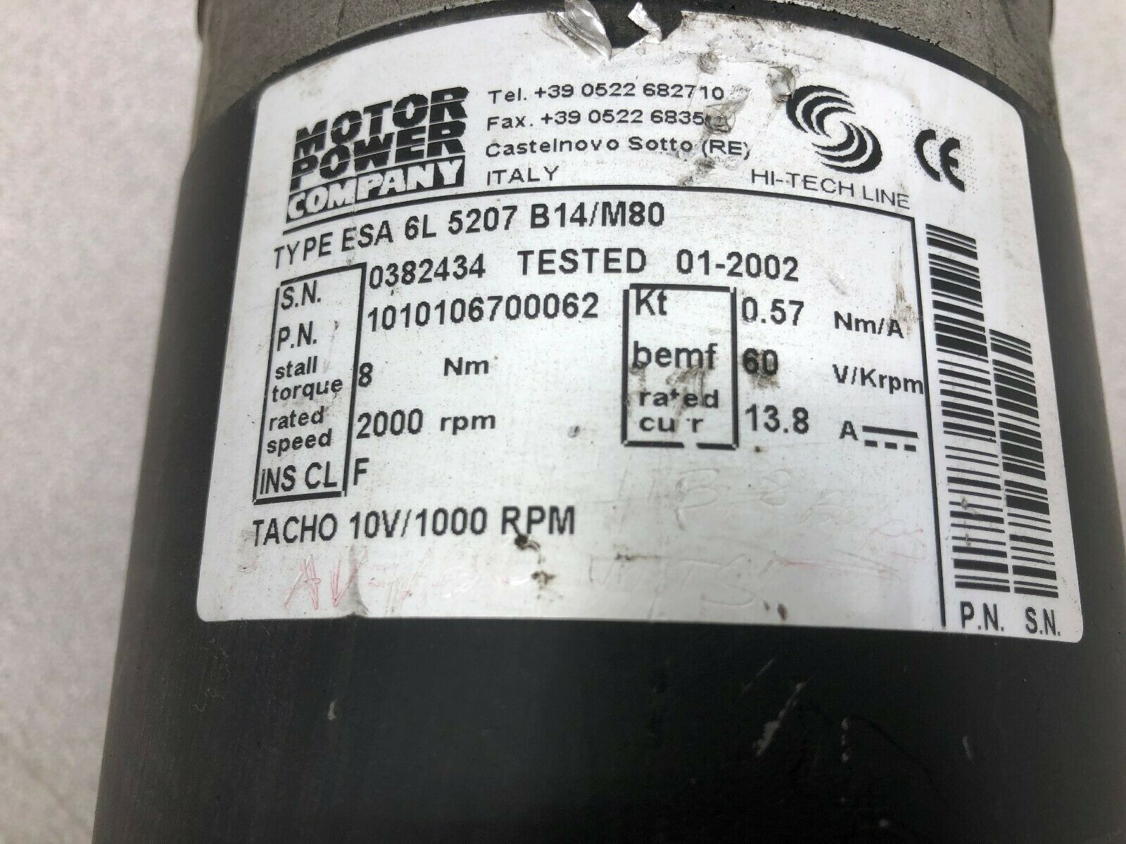 USED MOTOR POWER 2000 RPM 8 NM TACHO 10V/1000 RPM 13.8 AMP DC SERVO MOTOR ESA 6L