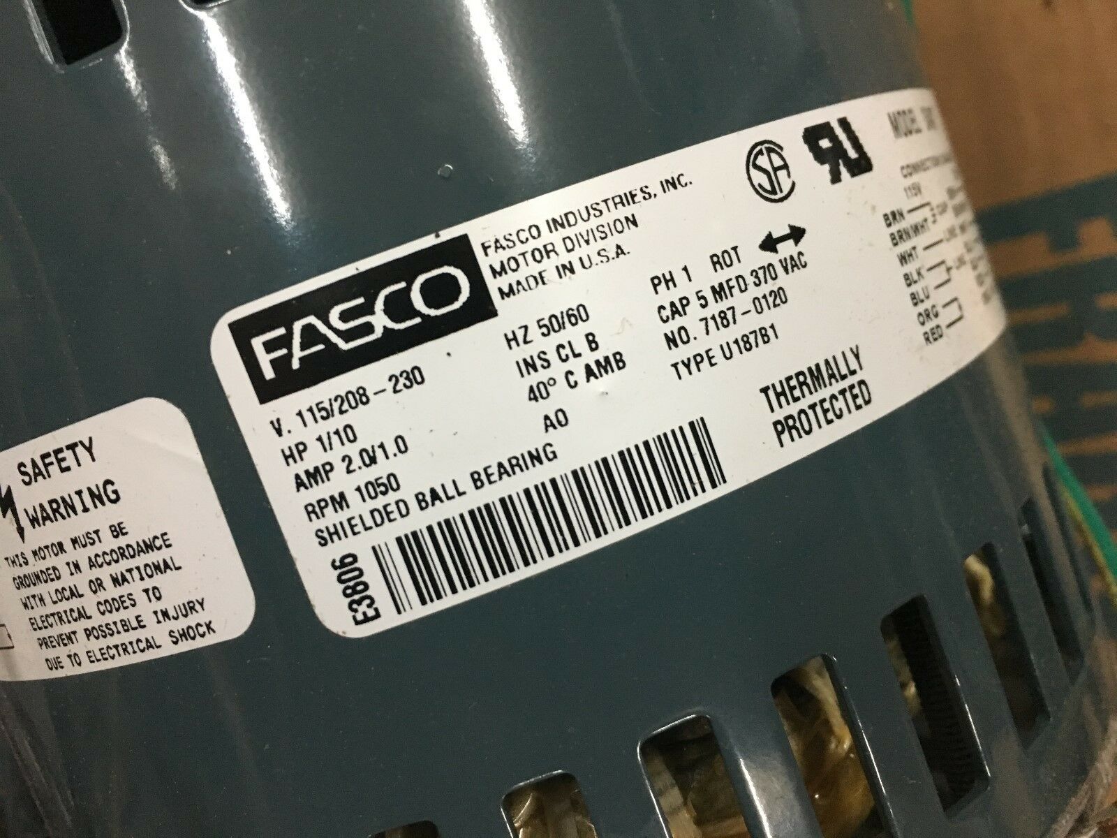 NEW FASCO PERMANENT SPLIT CAPACITOR 1/10HP MOTOR 1050RPM MOTOR D497