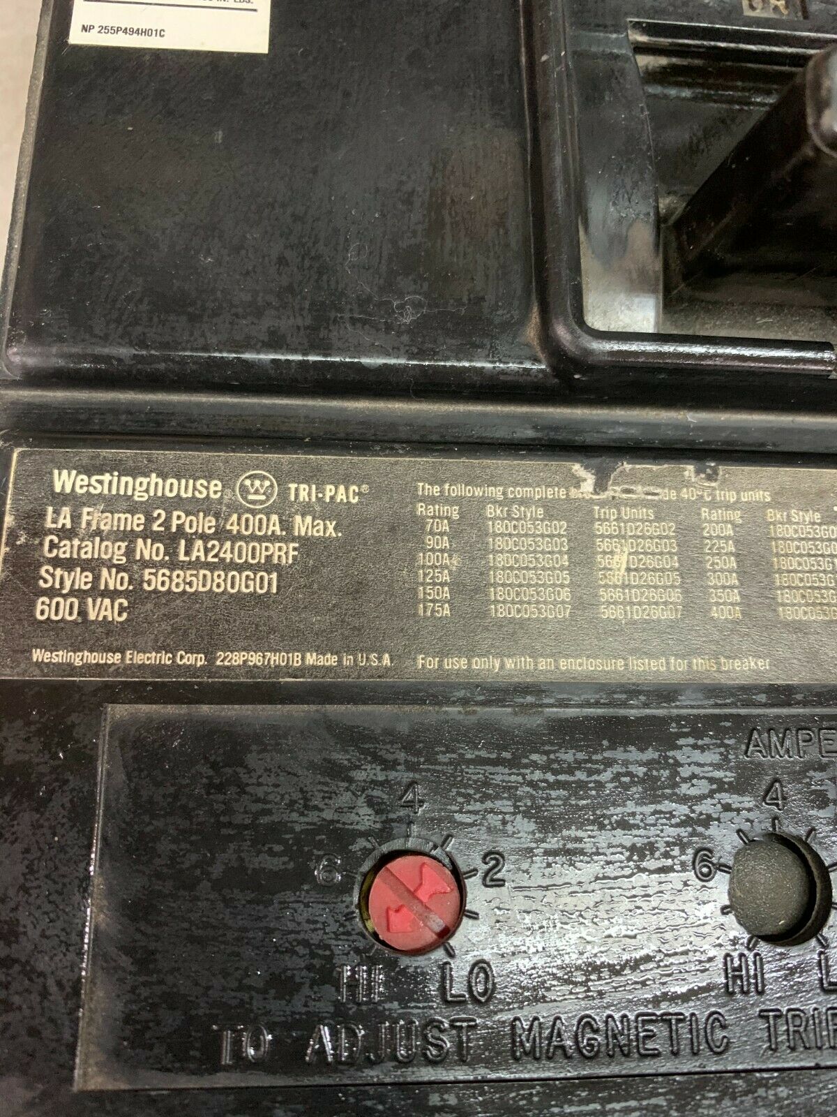 USED WESTINGHOUSE 2 POLE 400AMP TRI-PAC CIRCUIT BREAKER LA2400PRF