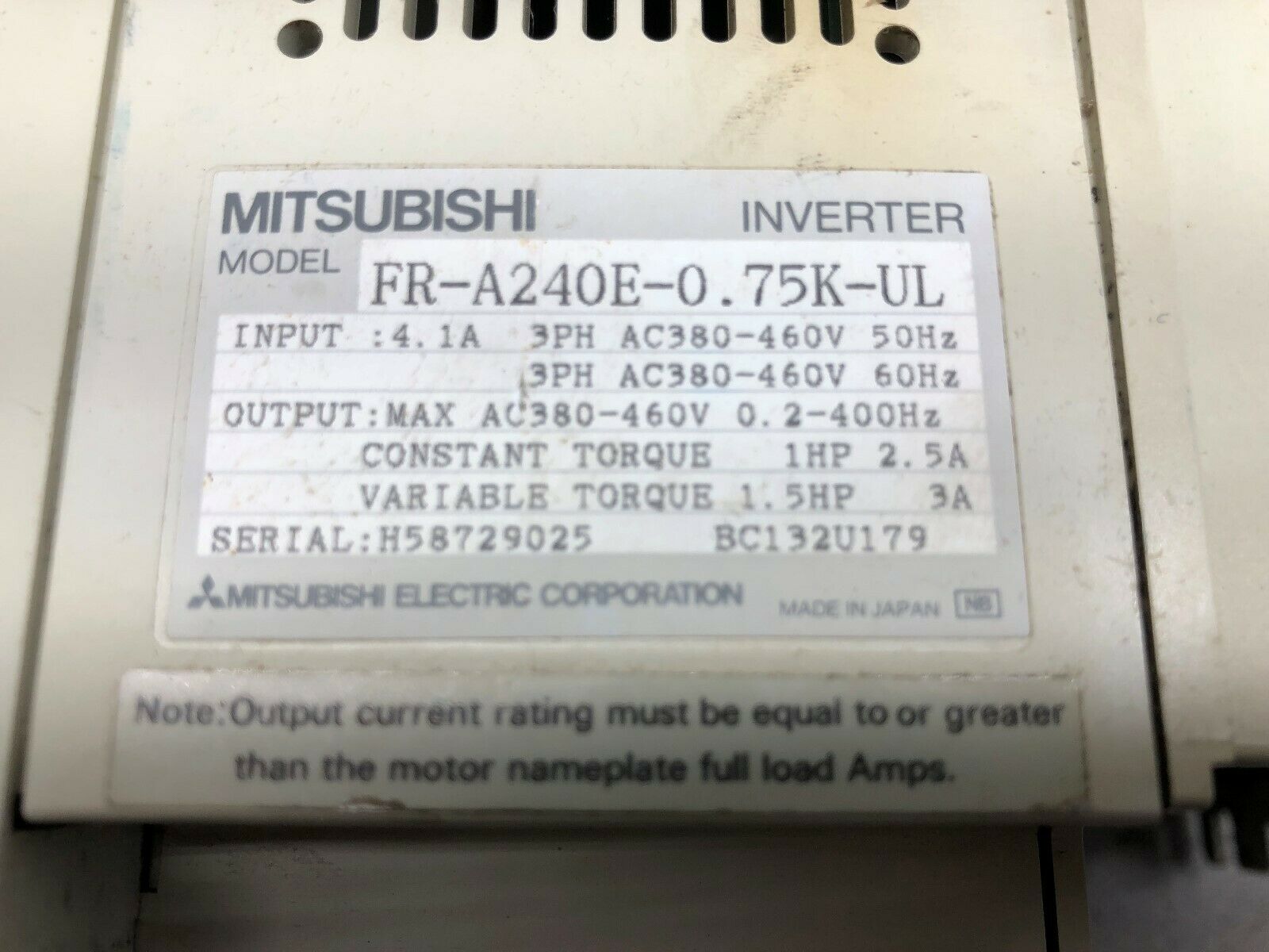 USED MITSUBISHI A200 1.5 HP 4.1 AMP 3 PH 380-460 VAC 0.2-400 HZ INVERTER DRIVE F