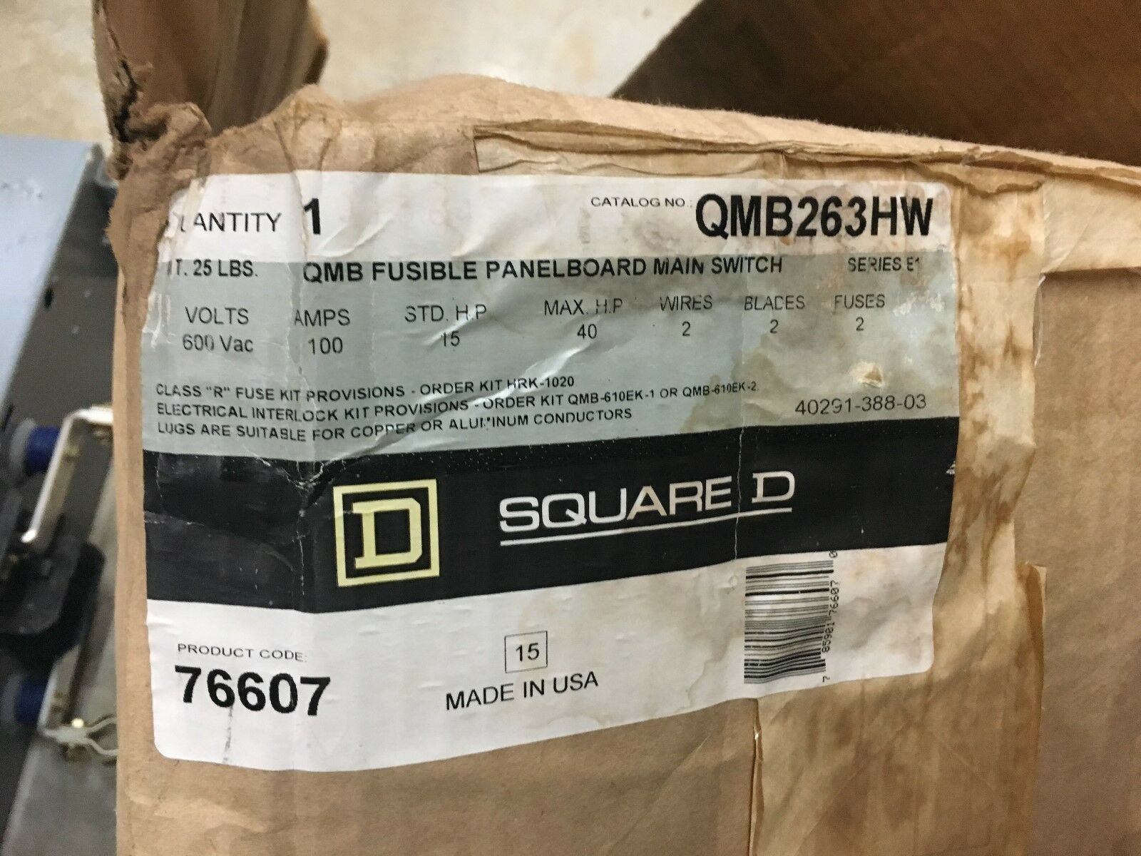 NEW IN BOX SQUARE D 100AMP QMB FUSIBLE PANELBOARD MAIN SWITCH QMB263HW