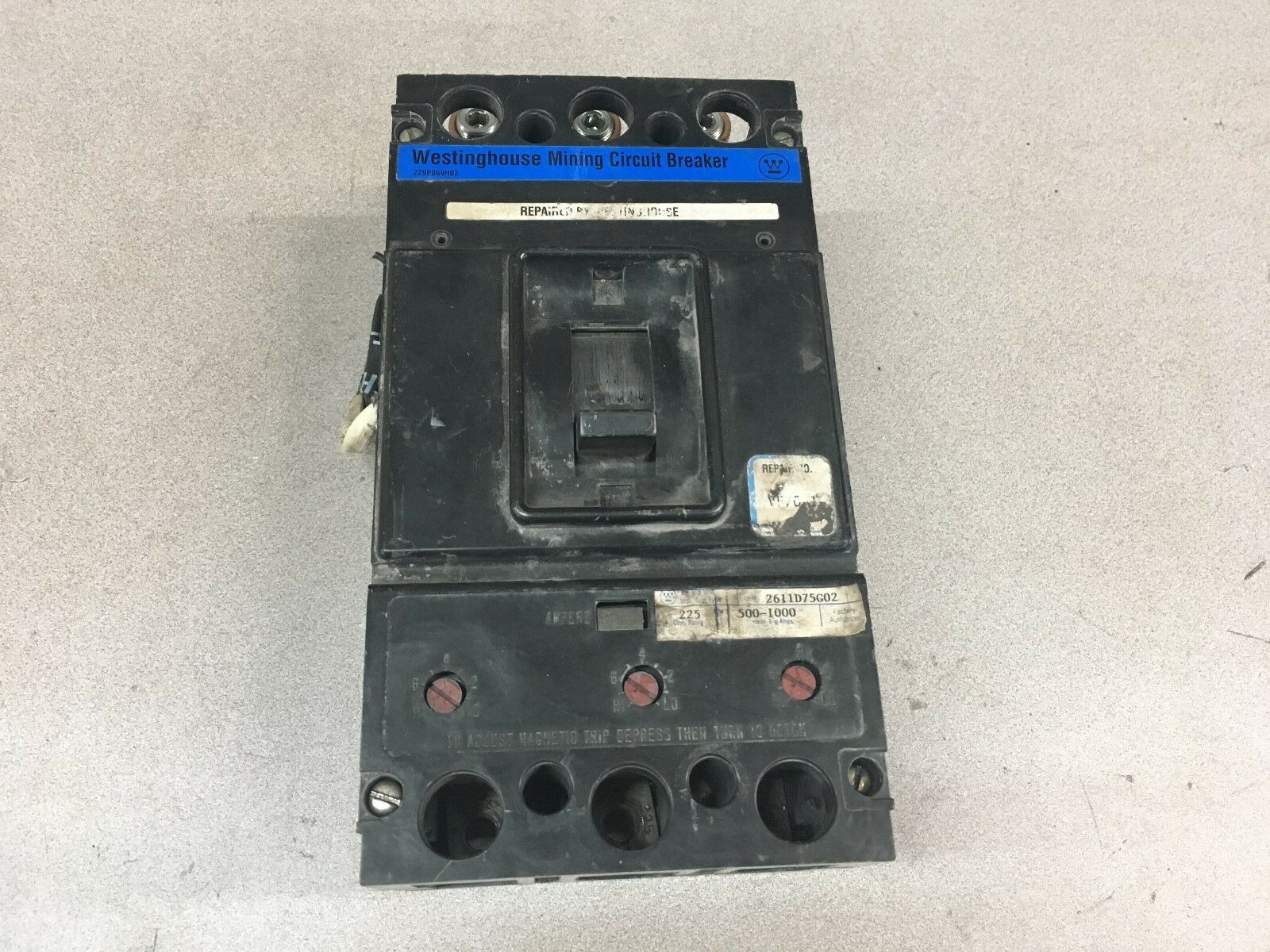 USED WESTINGHOUSE 225AMP MINING CIRCUIT BREAKER 229P069H02 WITH 2611D75G02